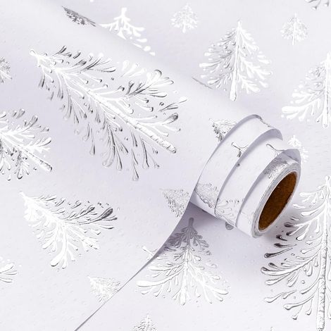 Rouleau de Papier d'Emballage de Noël Kraft 3D - Mini Rouleau - 43,2 cm x 5 m - Conception d'Arbre de Noël Argenté et Blanc avec Gaufrage Parfait pour les Vacances, Célébration de Fête (1/5)