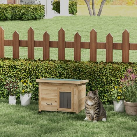 Abri imperméable pour chat extérieur, bois naturel, 57 x 45 x 43 cm, jusqu'à 6 kg, niche jardin abritée