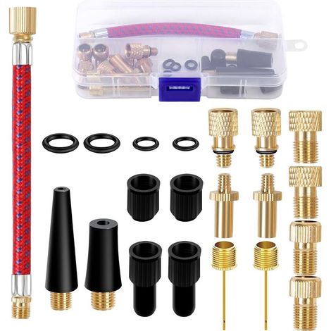 Embout de gonflage 21 pièces en cuivre de haute qualité – Compatible valves DV, SV, AV – Boîte de rangement incluse – Pour vélos, ballons, matelas (1/5)