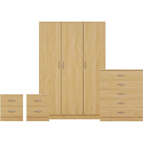 Riano 4 Piece Bedroom Set (2 Drawer Bedside Chest, 5 Drawer Chest, 3 Door Wardrobe), Pine (1/3)