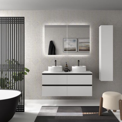 Meuble de salle de bain BEQUIA METAL 120cm Blanc mat  Avec plan toilette (vasque non incluse) (1/5)