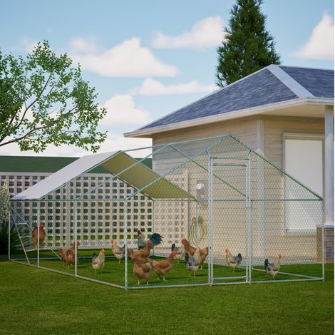Gabbia per polli 303x600x200 cm, con struttura per arrampicata, tetto protettivo, acciaio, grigio (1/5)