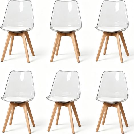 Pack de 6 sillas de comedor 42x42x83 cm de plástico, cojín blanco y patas de madera - CHICFURN (1/5)