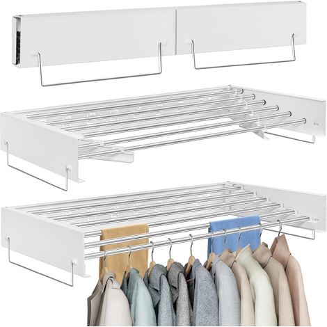 1 - Étendoir à linge mural - Séchoir pliable - 6 tiges rétractables en acier inoxydable - Pour intérieur et extérieur - Blanc - 100x40x10cm