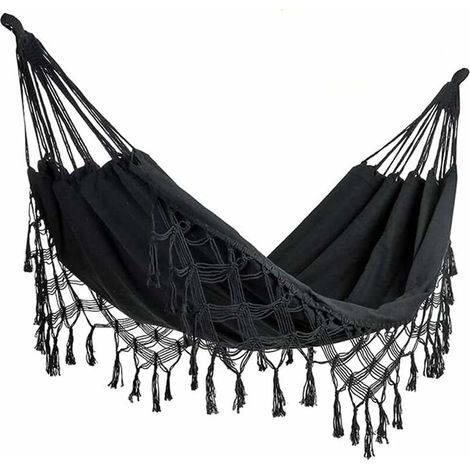 Double Hammock for Home or Outdoors, Indoor and Outdoor, Soft Cotton, Two Person, Patio, Yard, Porch, Lawn and Yard, Black, Max Load: 500 lbs