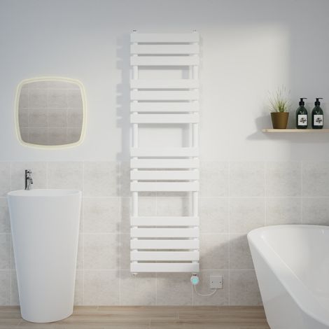 Flat Electric Towel Rail Thermostatic Timer White 1600x450mm
