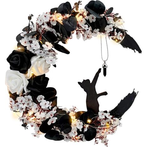 Couronne d'Halloween - Combinaison de lune et de chat - Décoration d'Halloween pour la porte d'entrée - Motif floral - Idéale pour une ambiance automnale - À poser sur un mur extérieur, une armoire ou (1/5)