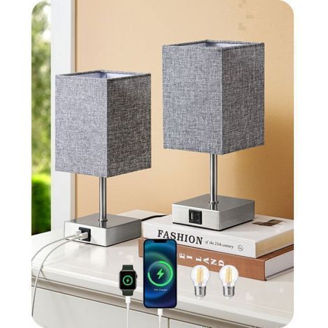 Lampe À Poser Tactile - E27 Dimmable - 2 Ports USB-A Et USB-C - Abat-jour En Tissu Gris - Lot De 2 (1/5)
