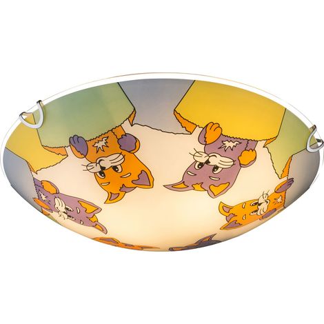 Lampada da soffitto per bambini Lampada da soffitto per camera dei bambini con animali, motivo gatto, vetro, 2x E27, DxH 30 x 6,5 cm