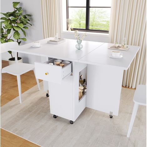 Tavolo da pranzo pieghevole in MDF bianco 120x75x75 cm con cassetti, ripiano e ruote, per 2-4 persone (1/5)