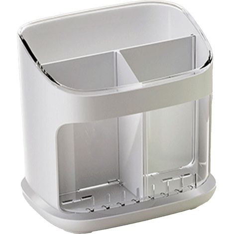 Porte-ustensiles moderne avec bac de rangement et plusieurs compartiments pour fourchettes, cuillères et baguettes. Blanc transparent. (1/5)