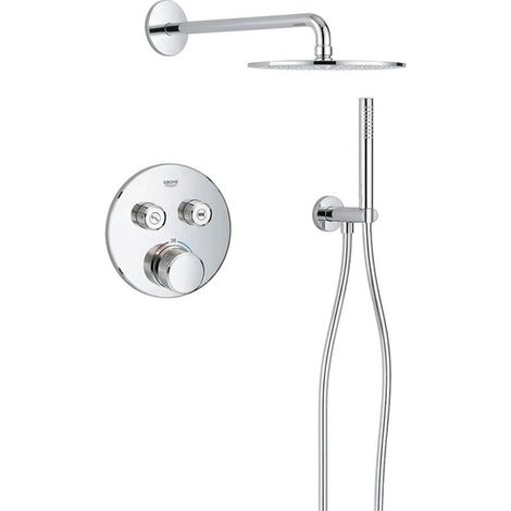 Grohe - Adema Rise Ensemble de douche pluie - rond - coude mural avec support de douchette - flexible de douche lisse - douchette à main barre - bras