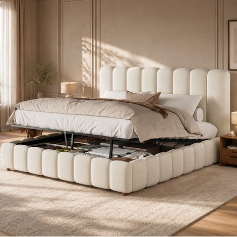 Lit coffre 180x200 cm avec sommier, tête de lit capitonnée, velours beige DESVIAE (1/5)