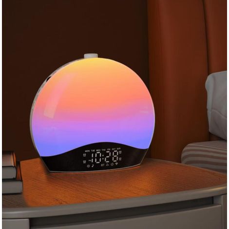 Radio Réveil Lumineux avec Eveil Lumière, Reveil Simulateur d'Aube sur Lampe de Chevet LED, Fonction Bluetooth, 20 Niveaux de Luminosité, 22 Sons, 2 Alarmes - Adaptateur Électrique inclus