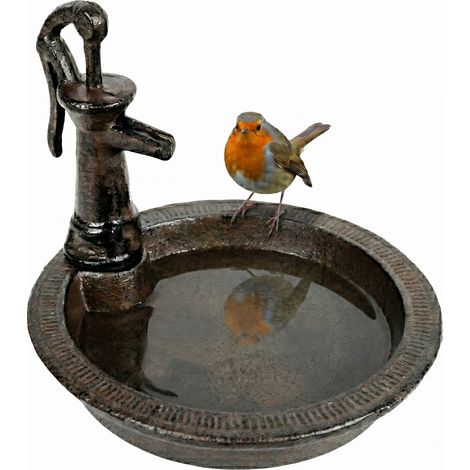 Relaxdays bird bath, HxWxD: 15 x 17 x 18 cm, cast iron, free-standing, food & water bowl for birds, brown