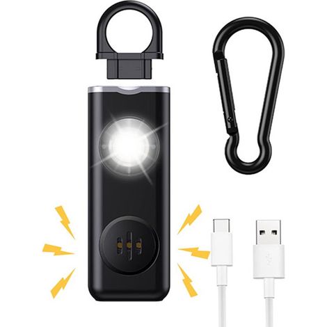 Allarme personale di autodifesa，Allarme di autodifesa per donne，Portachiavi con allarme ricaricabile，con strobo LED，130 dB，Nero (1/5)