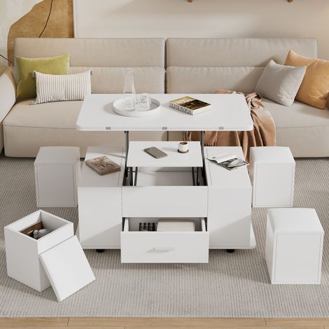 DESMIU Table basse relevable avec 1 tiroir, 4 tabourets de rangement, niche ouverte, pour salon (1/5)