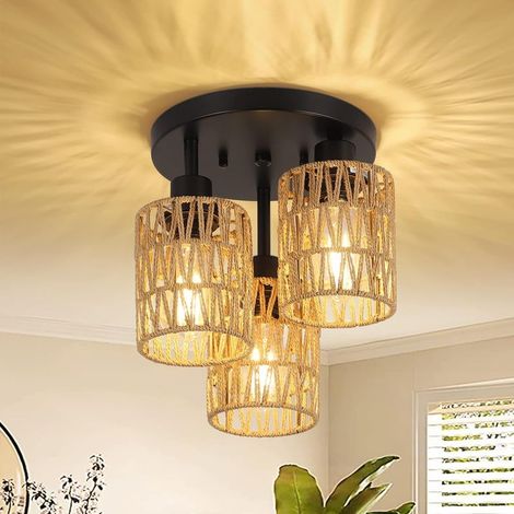 Pendelleuchte aus Rattan, dreiflammige Boho-Deckenleuchte mit Rattanschirm, Vintage-Deckenleuchte aus Bambus, rustikale Hängelampe, schwarze Korblampe für Wohnzimmer, Schlafzimmer, Küche, Flur (1/5)
