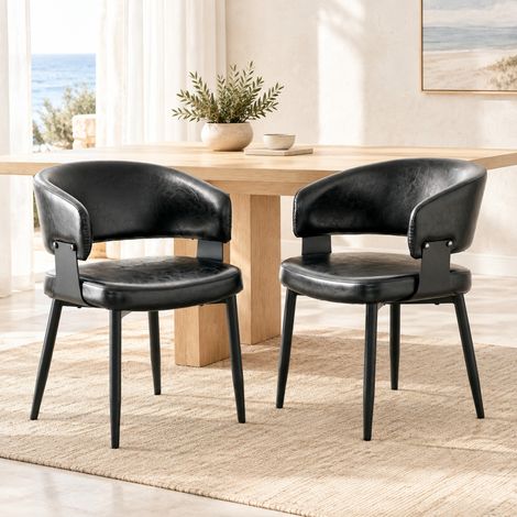 Lot de 2 chaises de salle à manger avec accoudoirs, similicuir noir, pieds métal HAVRYA (1/5)