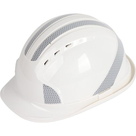Casque de sécurité ABS blanc NF EN 397 avec bande réfléchissante et aération, ajustable, protection chantier BTP robuste et légère (1/3)