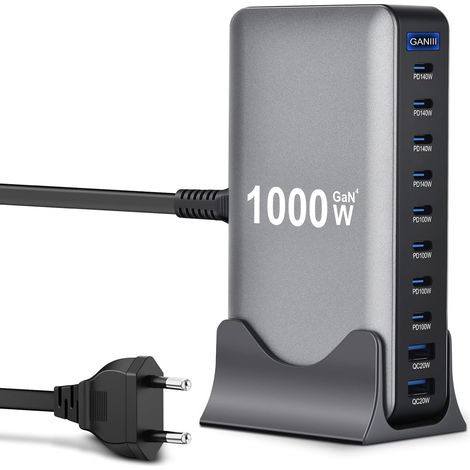 Chargeur USB C multiple 1000 W - 10 ports GaN III - Station de charge rapide avec 8 USB-C et 2 USB-A - PD PPS - Adaptateur de chargeur pour ordinateur portable Mac Book Pro/Air/iPad Pro (1/5)