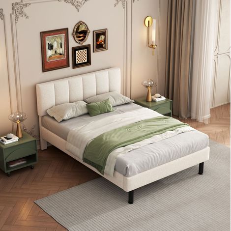 Lit adulte 140x190 cm - Lit double - Avec sommier à lattes - En sherpa - Beige - Sans matelas (1/5)