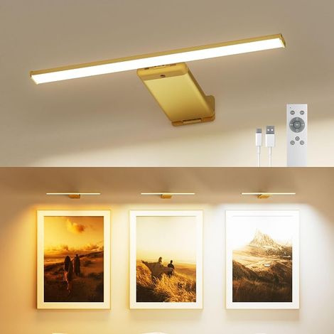 Applique Murale pour Tableau Rechargeable avec Télécommande, Lampe Sans Fil Batterie 12000mAh, 3 Couleurs & 5 Luminosités, Éclairage pour Cadre, Galerie, Chambre, Couloir, Salon, Or, 1 Pièce (1/5)