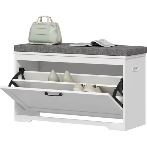 Banc à chaussures moderne blanc 80 x 30 x 50 cm pour vestibule, assise rembourrée confortable, tiroir basculant et étagère de rangement modulable (1/5)
