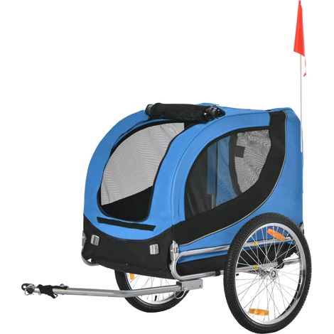 Rimorchio Bici pour Cani Taglia Media avec Attache, Fenêtres Latérales et Drapeau, Acier Oxford, 130x73x90 cm, Bleu Noir