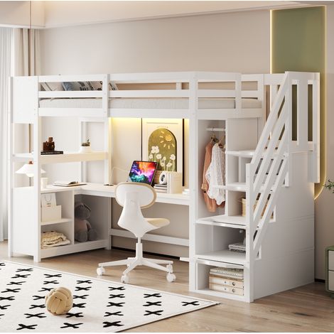 Cama alta con escritorio y armario LED blanca juvenil OKMYHOME (1/5)