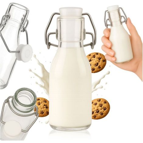 Bouteille Ronde En Verre - 110 Ml Avec Bouchon À Clip Métallique - Pour Lait Crème Et Boissons Végétales - Lot De 1 (1/5)