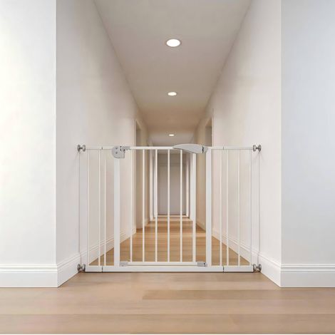 Barrière de sécurité 75-115 x 76 cm en métal blanc avec portillon, pour escaliers stable – MEUBLIV (1/5)