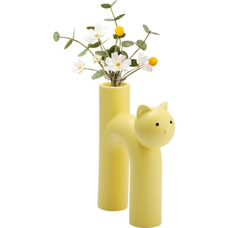 Jarrón decorativo de cerámica – jarrón tubular con motivo de gato – blanco, amarillo, rosa – 16 x 6,5 x 21 cm – ideal para el hogar, la oficina o el restaurante. (1/5)