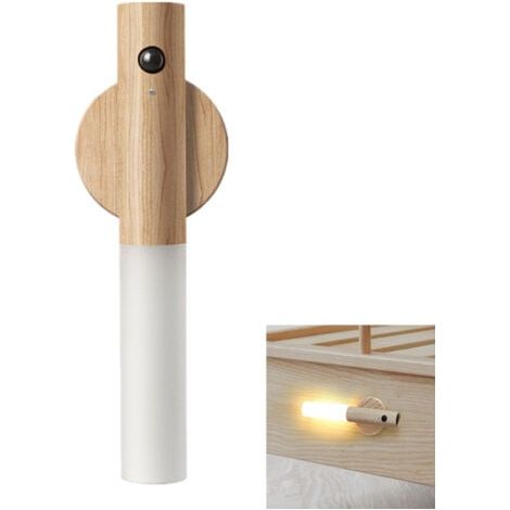 Applique murale en bois avec détecteur de mouvement Rechargeable par USB Blanc chaud Sans fil Avec interrupteur Pour chambre à coucher, couloir,cage d'escalier (1/5)
