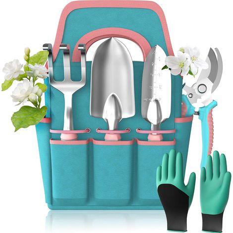 Lntyq 6-teiliges Gartenwerkzeug-Set, Handwerkzeuge mit Gartentasche, ergonomischer Griff, robustes Outdoor-Werkzeugset, Gartengeschenke (ohne Blumenmuster) (1/5)