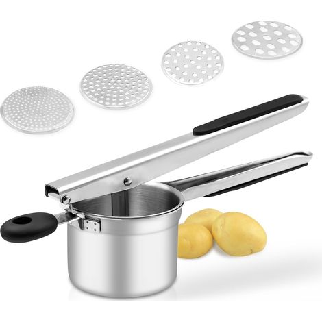 Pelador de patatas, pelador de patatas grande y resistente de acero inoxidable, prensador y machacador de patatas de 425 ml (4 placas plateadas) (1/5)