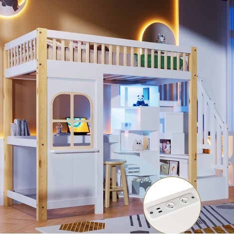 Cama alta 90x200 cm con escritorio, LED, hueco abierto, blanco natural DESVIAE (1/5)