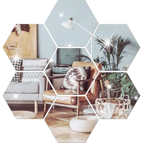Lot de 12 miroirs Autocollants muraux hexagonaux en Acrylique pour décoration de Salon, Chambre à Coucher (Argent) (1/4)