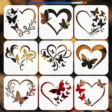 9Pcs Pochoirs Amour Papillon Avec 1 Pinceau 15x15cm Cœurs Papillon Pochoirs Décoratifs Cœurs Forme Modèles pour Peinture sur Bois Mur Meuble DIY Décoration Maison (1/5)