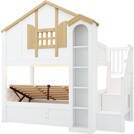 Etagenbett Kinder 90x200 cm mit hydraulischem Unterbett, LED und Stauraumtreppe (1/5)