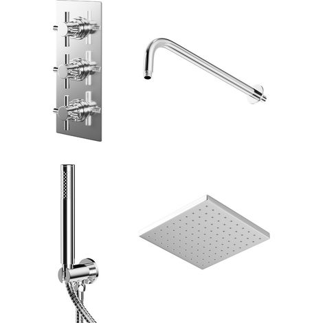 Cross Polished Chrome Triple Thermostatic Valve Mixer Shower with Square Fixed Head and Round Handset Outlet Holder - 2 Outlet (1/5)