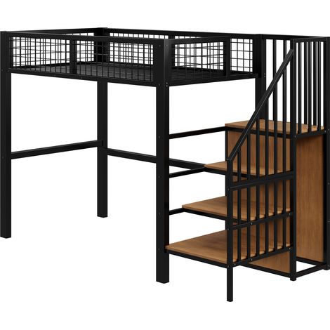 Cama alta infantil 90 x 200 cm de metal negro con escalera y almacenaje HOMVRA (1/5)