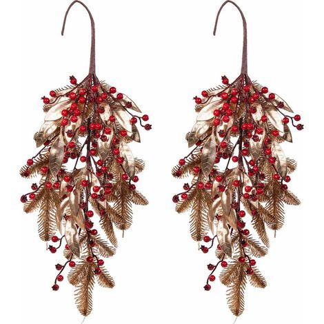 Rami natalizi decorativi con bacche rosse e foglie dorate 2 pezzi da appendere (1/3)