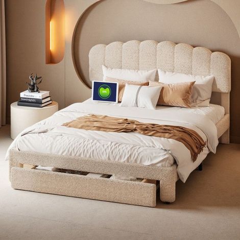 Lit double coffre 140x200 - Tête réglable USB-C - Rangement optimisé - Velours Teddy Beige Doré (1/5)