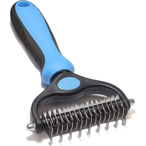 Brosse démêlante double face pour chien et chat, taille grande, 17 dents côté souple + 9 dents côté dense, couleur bleue, emballage blister (1/5)