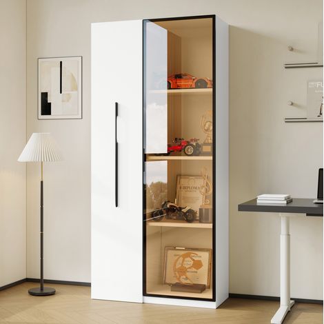 Armario vitrina 70x40x160 cm blanco en MDF con librería extraíble, puertas de vidrio templado y LED (1/5)