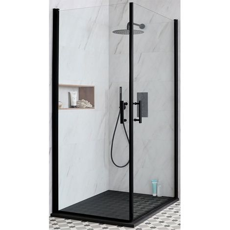 Milano Nero - Black Corner Walk In Wet Room Hinged Double Door Shower Enclosure with Graphite Slate Effect Tray and Fast Flow Waste - 900mm x 900mm (1/5)