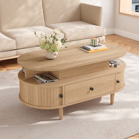 Table basse ovale avec plateau relevable 105x50x60,5 cm en MDF, rangement caché, tiroir, portes coulissantes et pieds en bois - Bois naturel (1/5)