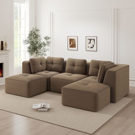 REDOM - Sofá modular de 3 plazas en U, asiento profundo, sin montaje, tela de pana marrón (1/5)