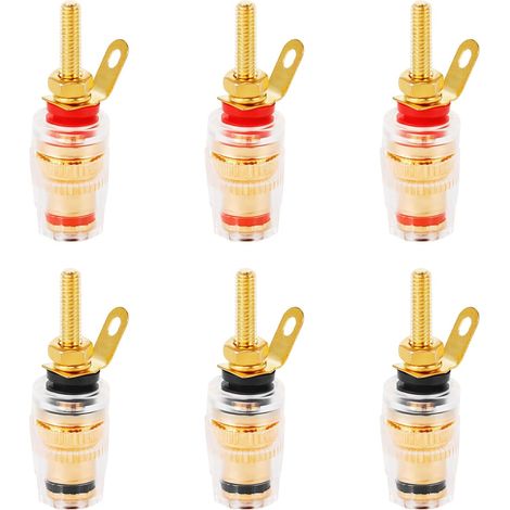 CCYKXA Borniers audio Jubaopen, lot de 6 borniers pour haut-parleurs, connecteurs audio plaqués cuivre pour jacks 4 mm, fiches bananes, prises bananes avec coque transparente, 3 noirs + 3 rouges